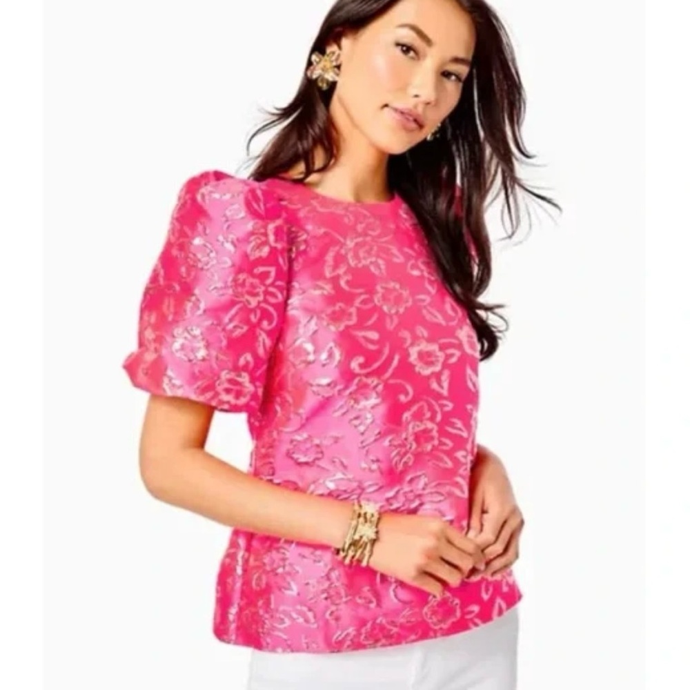 Lilly Pulitzer Pink Gold Puff Floral Brocade Embellished Blouse